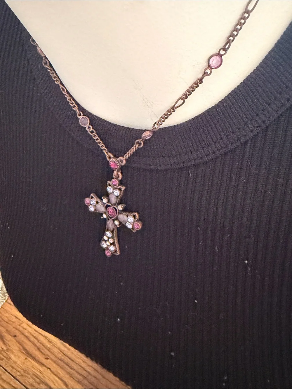 VTG Lia Sophia Debonair Purple Crystal Cross Necklace 1928 Co Extension Chain